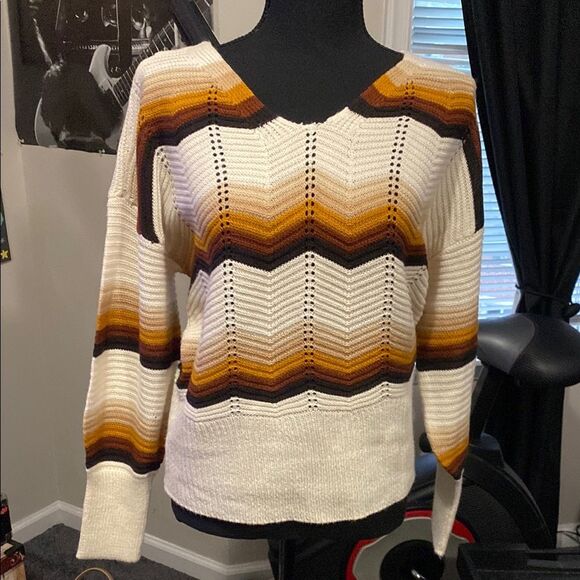 Chevron Knit Sweater - Cream, Brown, and Orange by FCT With Love Size Large - Picture 1 of 3
